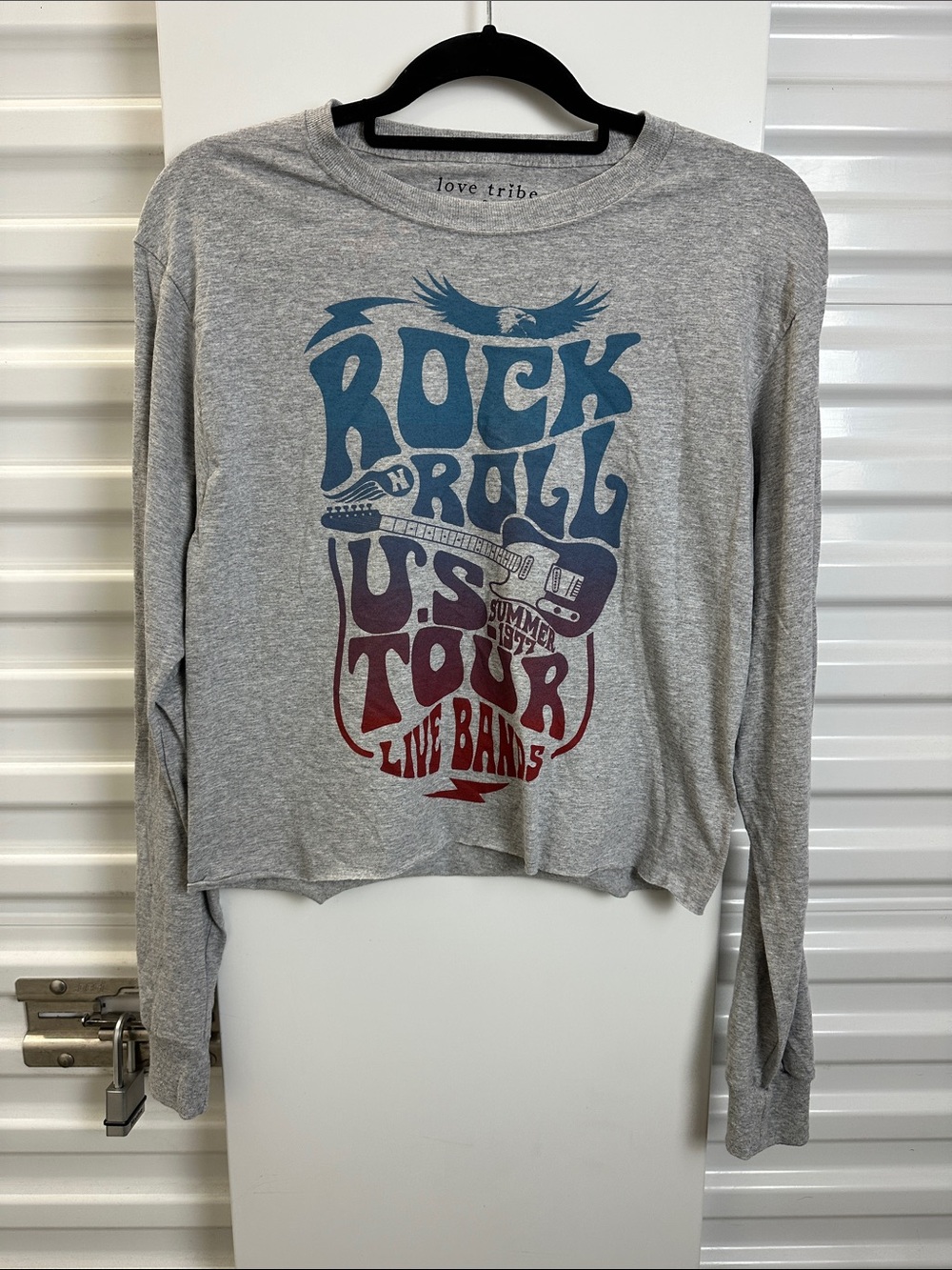 Love Tribe Gray Graphic Rock Tee with Blue and Maroon Print